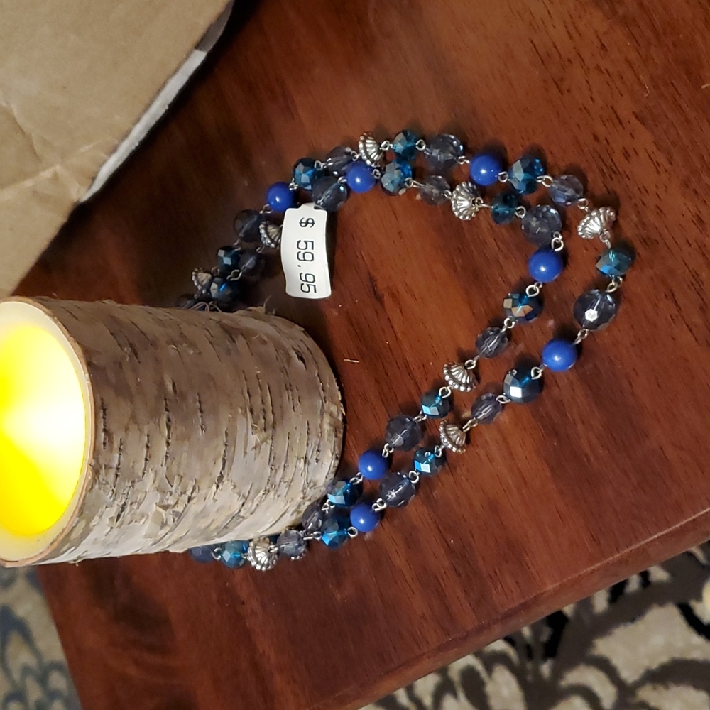 Long blue beaded necklace
